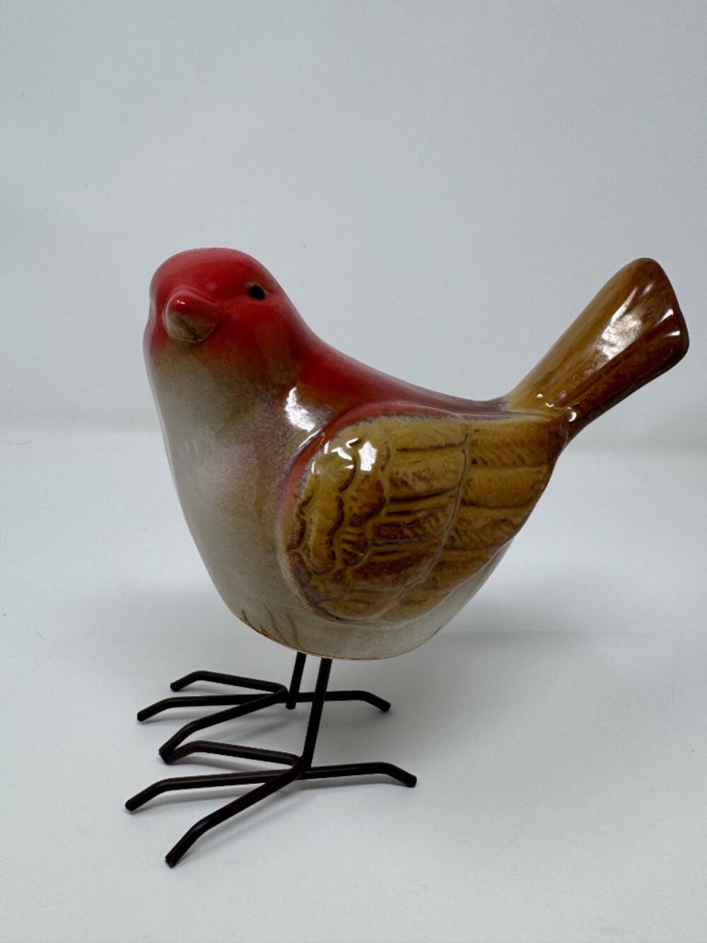 Ceramic Bird Figurine Red Brown Glossy Cottagecore Farmhouse Decor